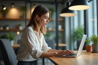 Jeune femme concentrée travaillant sur un ordinateur dans un espace coworking