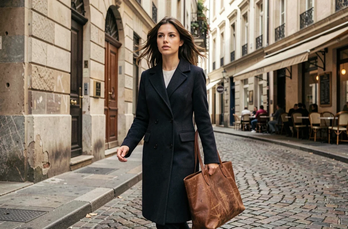 Jeune femme déterminée marchant dans une rue pavée européenne, incarnant la dynamique et l'ambition de la femme moderne