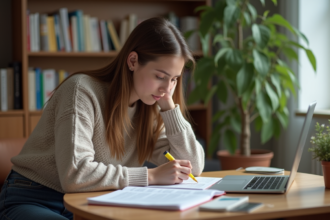 Jeune femme étudiante en sweater étudie à domicile