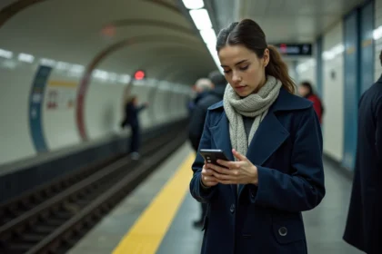 Jeune femme dans le métro parisien vérifiant son téléphone