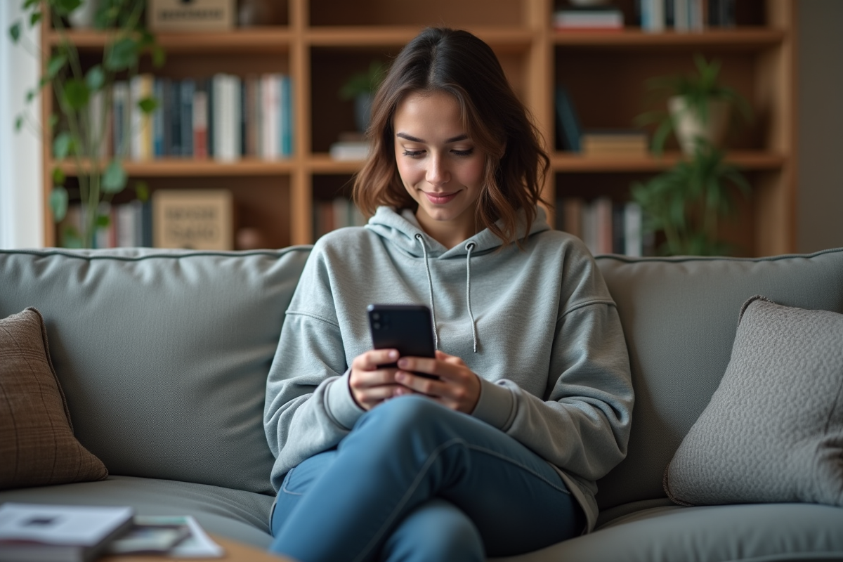 Jeune femme en sweat gris utilisant son smartphone à la maison