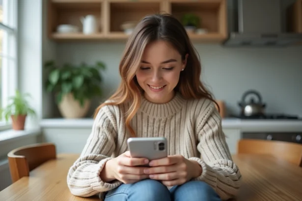 Jeune femme assise à la cuisine avec smartphone pour Monopoly GO