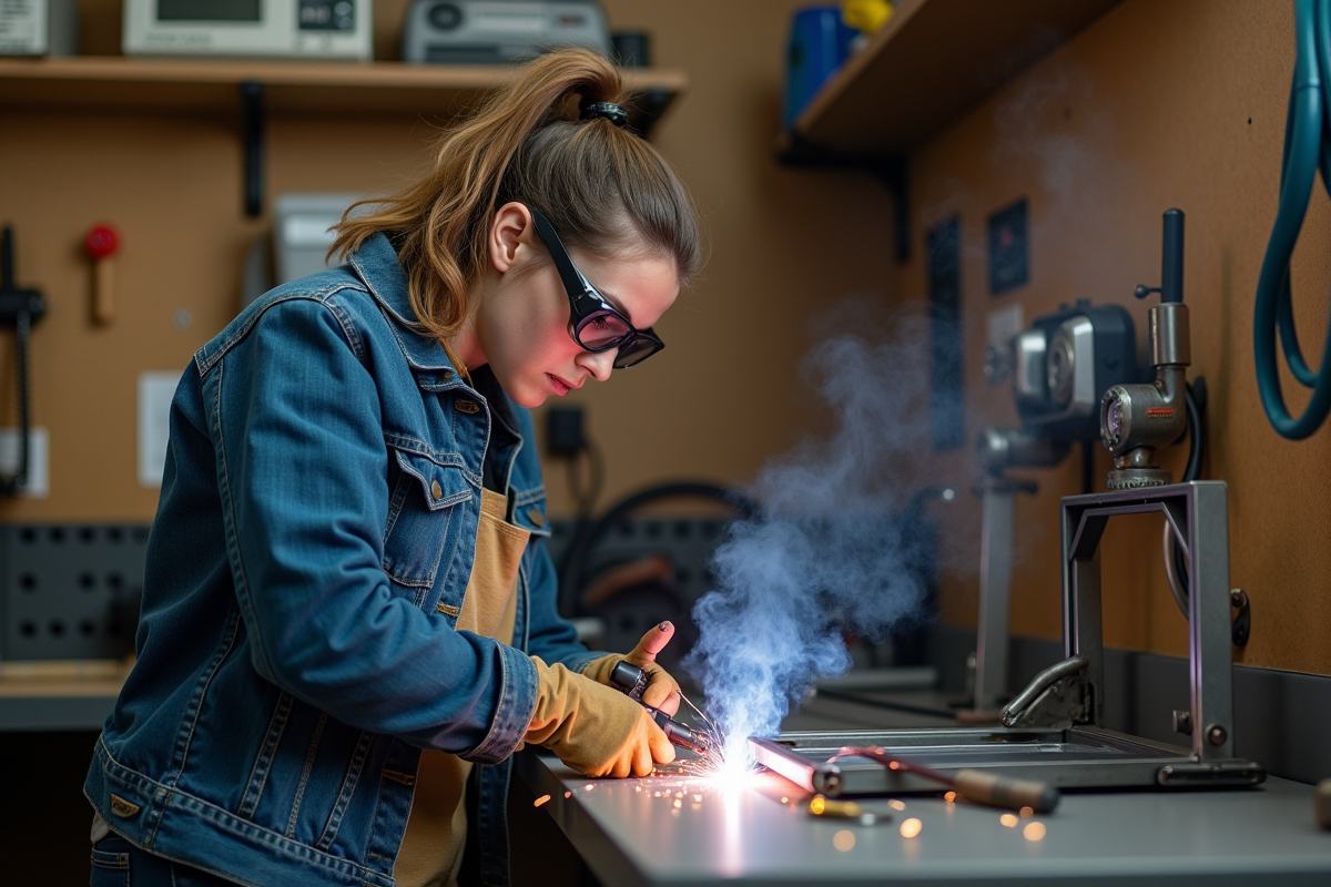 Jeune femme soude un cadre métallique dans un garage moderne