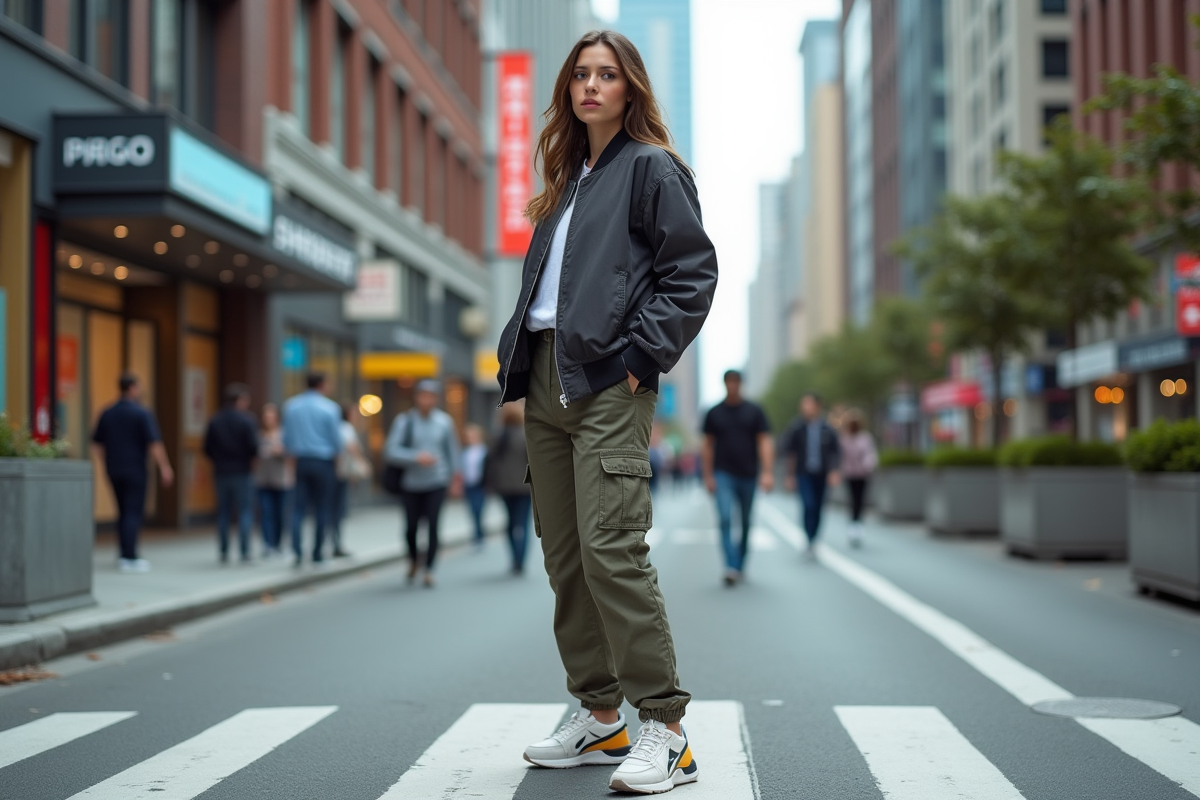 Jeune femme en streetwear moderne dans la ville
