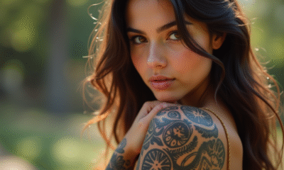 Jeune femme avec tatouages tribaux sur bras et épaule