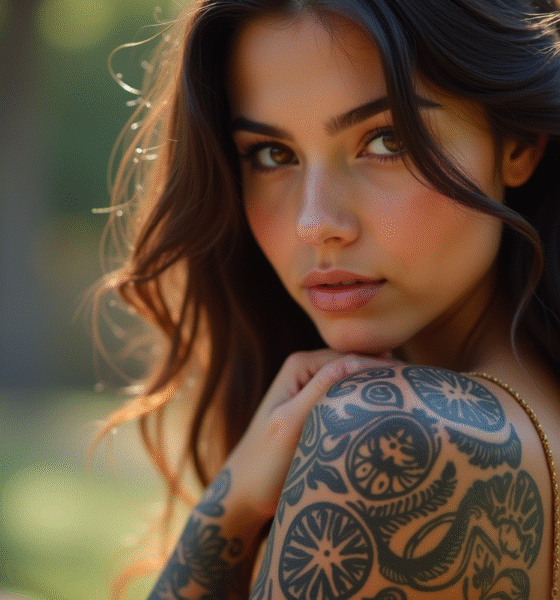 Jeune femme avec tatouages tribaux sur bras et épaule