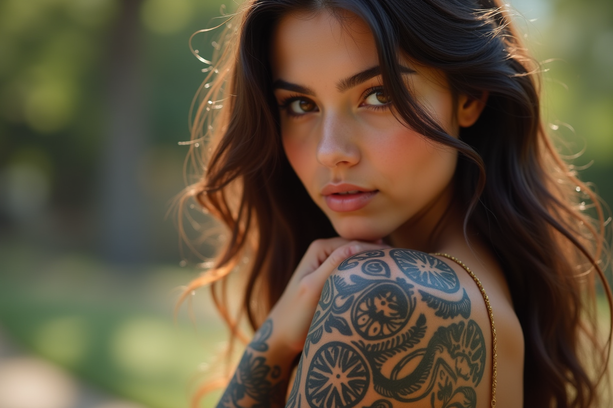 Jeune femme avec tatouages tribaux sur bras et épaule