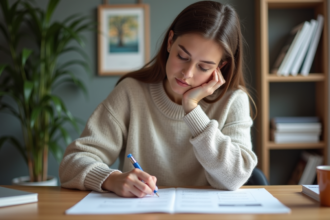 Jeune femme remplissant un test de QI dans un bureau calme