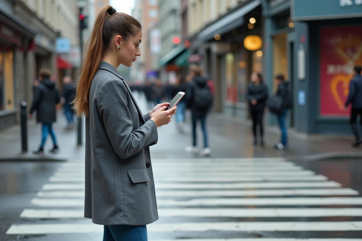Jeune femme en blazer et sneakers dans la ville