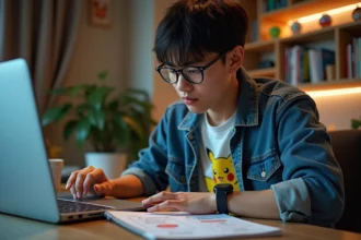 Jeune homme concentré analysant un combat Pokémon sur son ordinateur