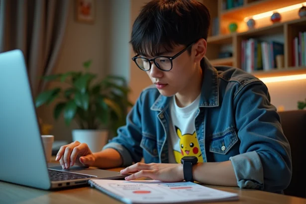 Jeune homme concentré analysant un combat Pokémon sur son ordinateur