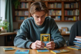 Jeune homme collectionneur de cartes Pokémon tenant une carte rare