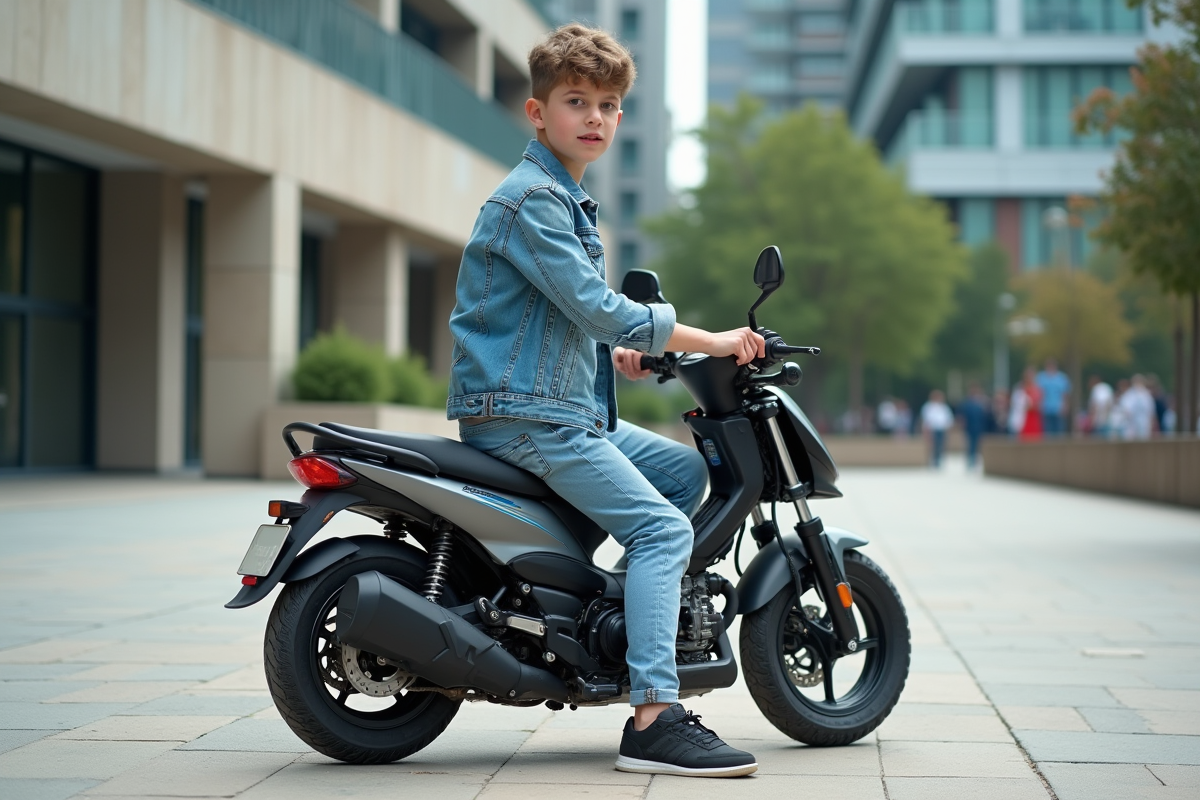 Jeune garçon sur une moto 50cc en ville dynamique