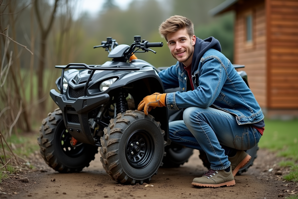 Jeune homme inspectant un quad 50cc en campagne