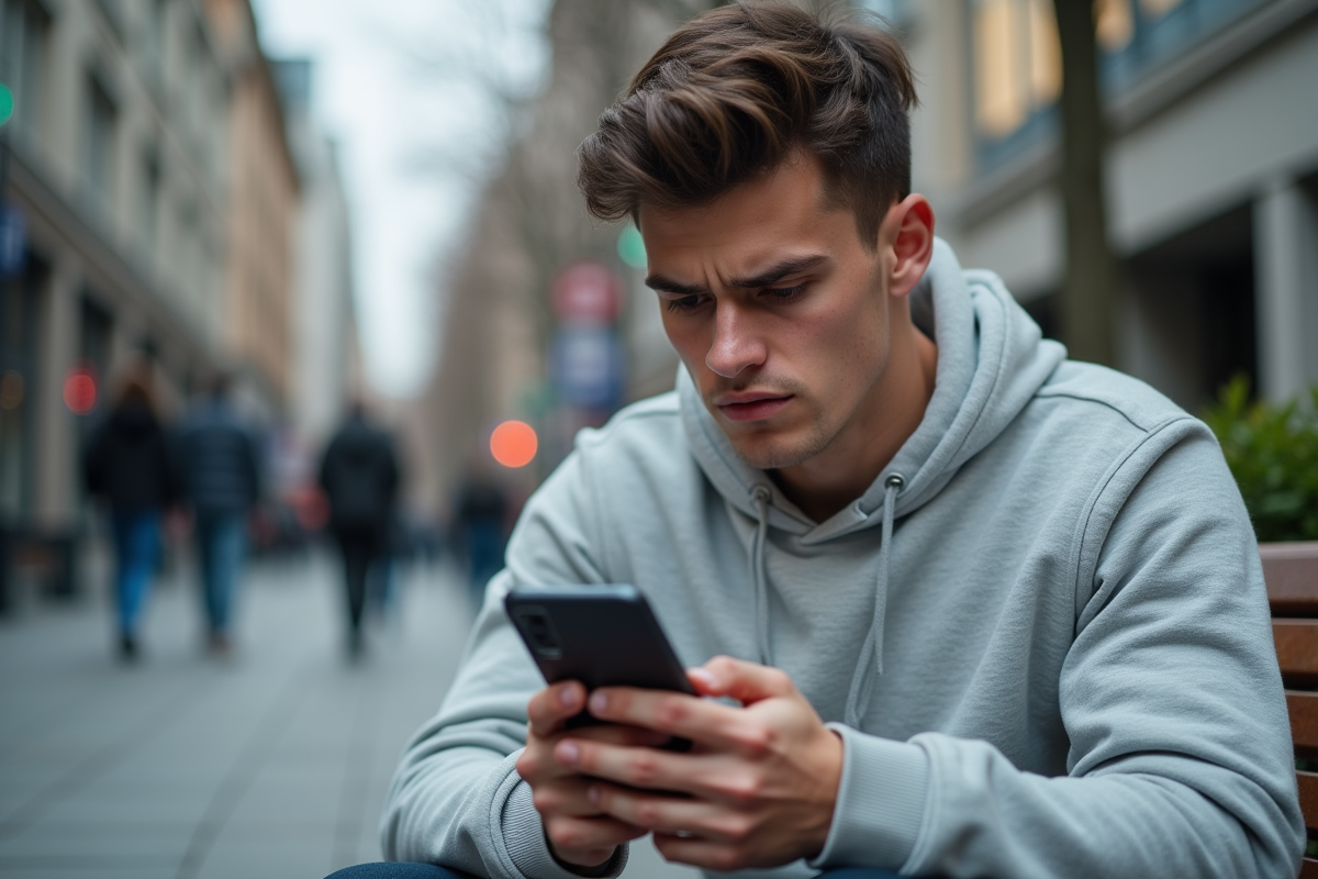 Jeune homme lisant une alerte sur smartphone en ville