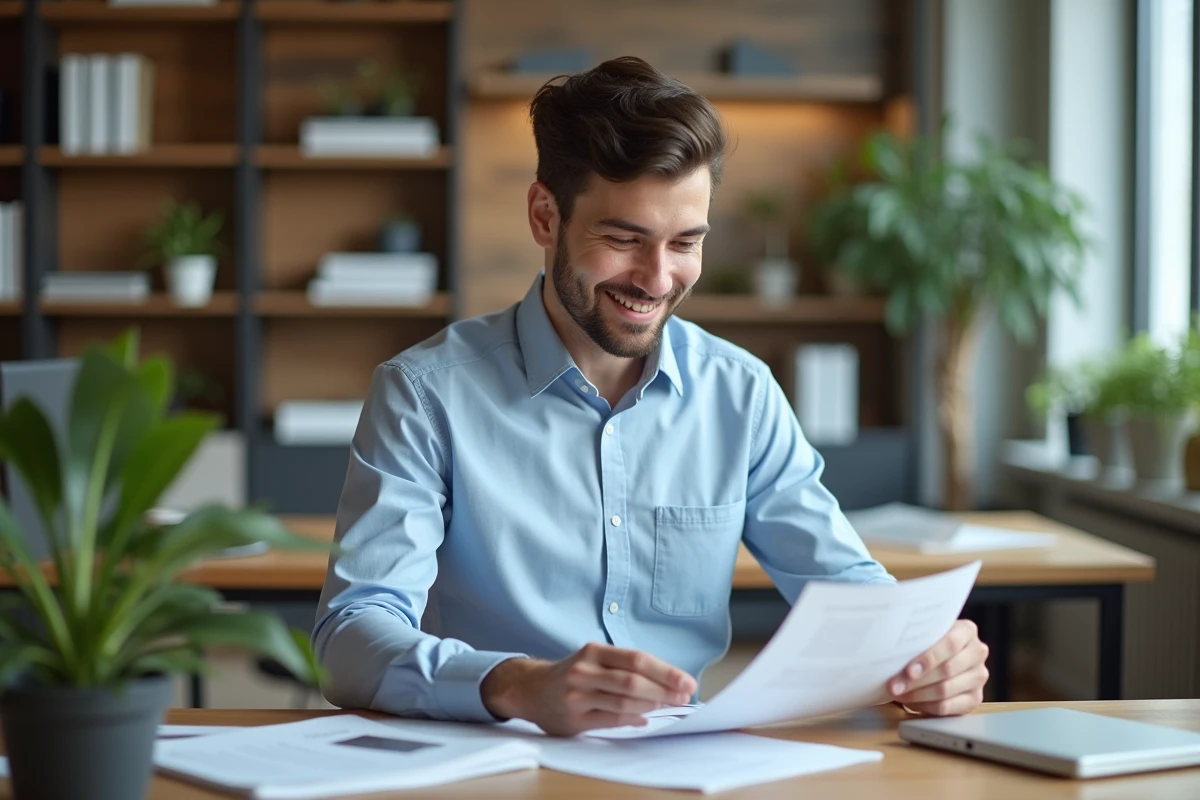Jeune homme souriant comparant des manuels dans un espace de travail organisé