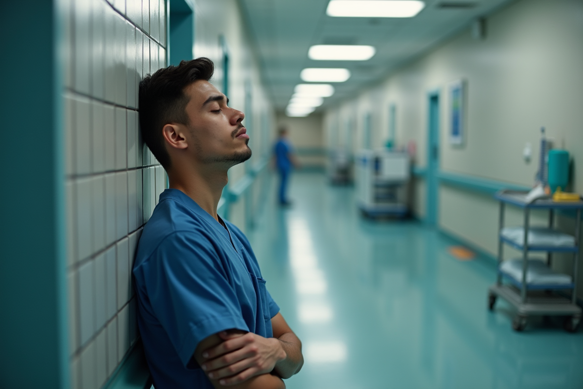 Jeune infirmier dans un couloir d hôpital en pause