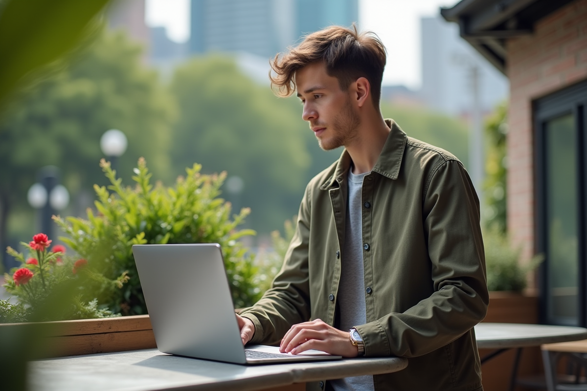 Jeune professionnel créatif utilisant un ordinateur en extérieur