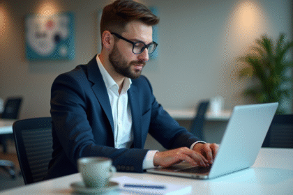 Jeune homme en costume examine un tableau de financement numérique