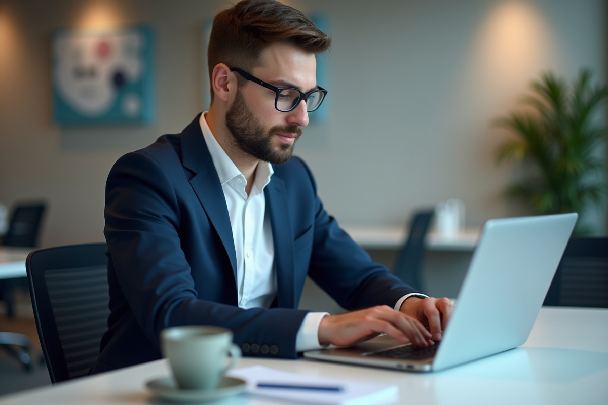 Jeune homme en costume examine un tableau de financement numérique