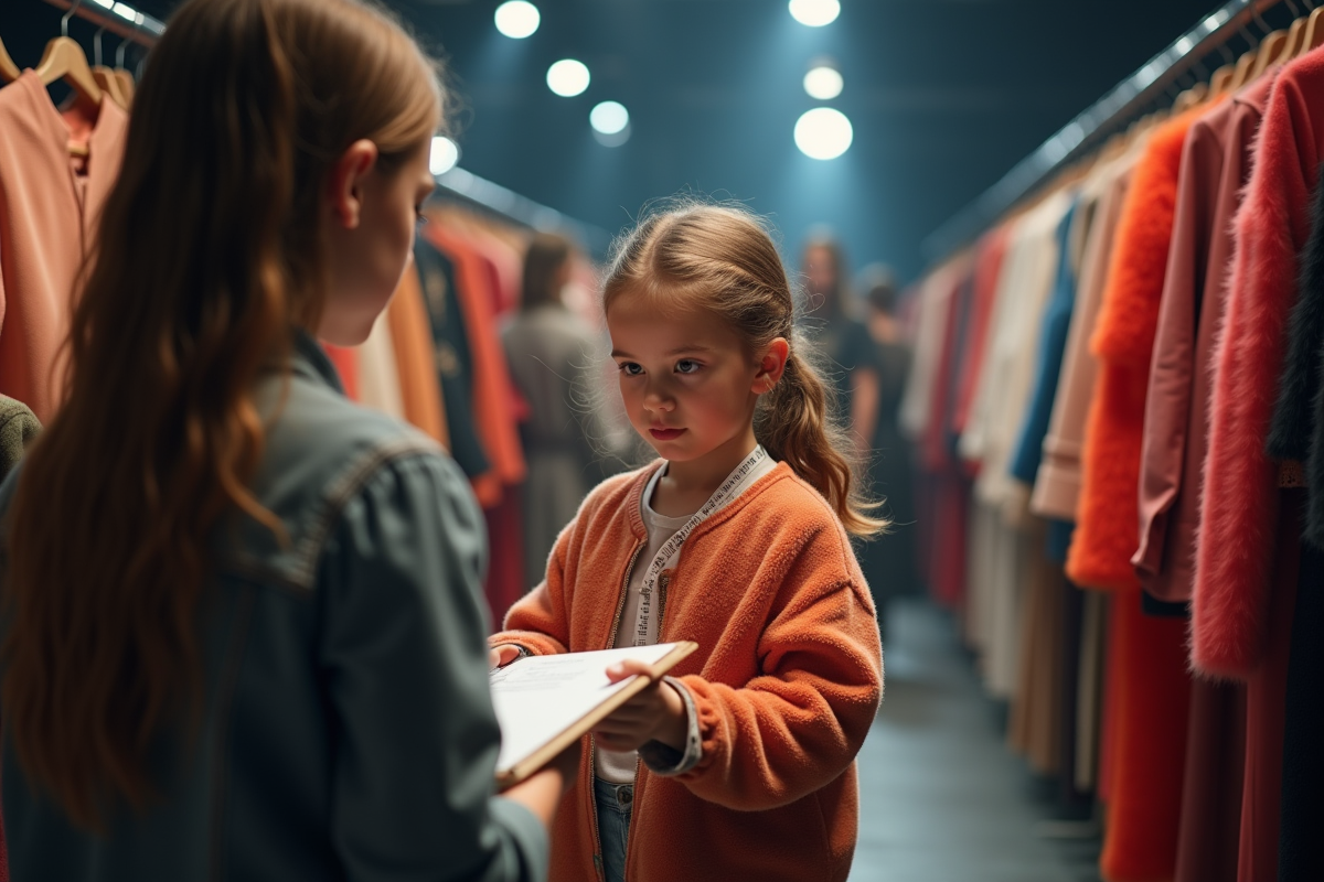Enfant styliste ajustant un vêtement en coulisses de défilé