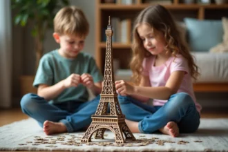 Jeunes enfants assembleur puzzle Eiffel dans un salon