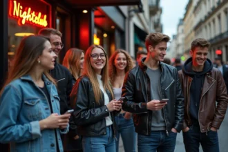 Groupe de jeunes adultes à Lille devant une boîte de nuit
