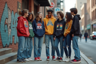 Groupe d'adolescents en streetwear vintage des années 80