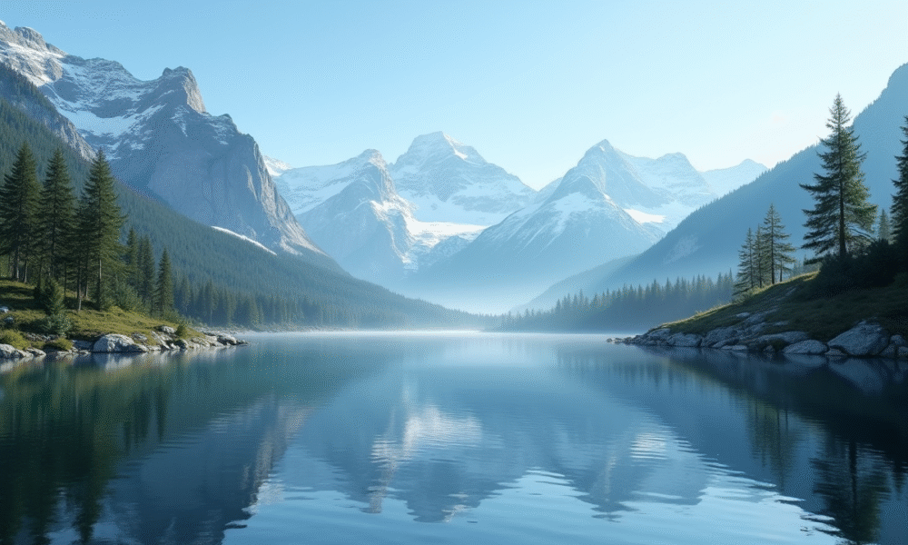 Lac de montagne reflet de pins et sommets enneiges
