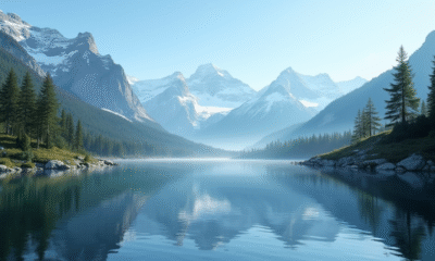 Lac de montagne reflet de pins et sommets enneiges