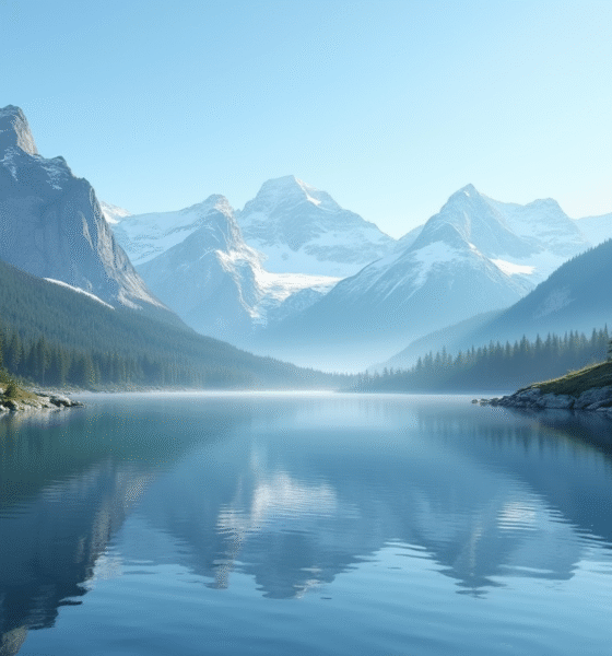 Lac de montagne reflet de pins et sommets enneiges