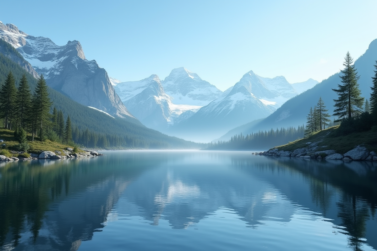 Lac de montagne reflet de pins et sommets enneiges