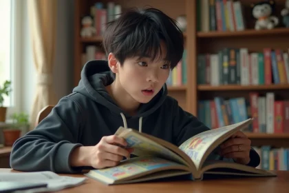 Jeune homme lisant un manga Solo Leveling avec une expression de surprise, assis à un bureau en bois entouré de volumes manga