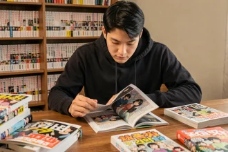 Jeune homme lisant un scan de manga Solo Leveling en français à son bureau entouré de volumes