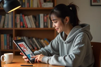 Jeune femme lisant des webtoons sur une tablette dans un bureau à domicile entouré de livres manga