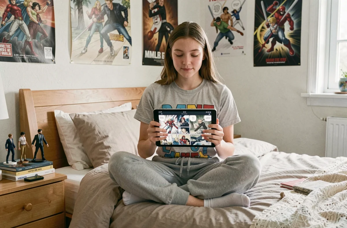 Adolescente lisant des scans de manga en français sur tablette dans sa chambre