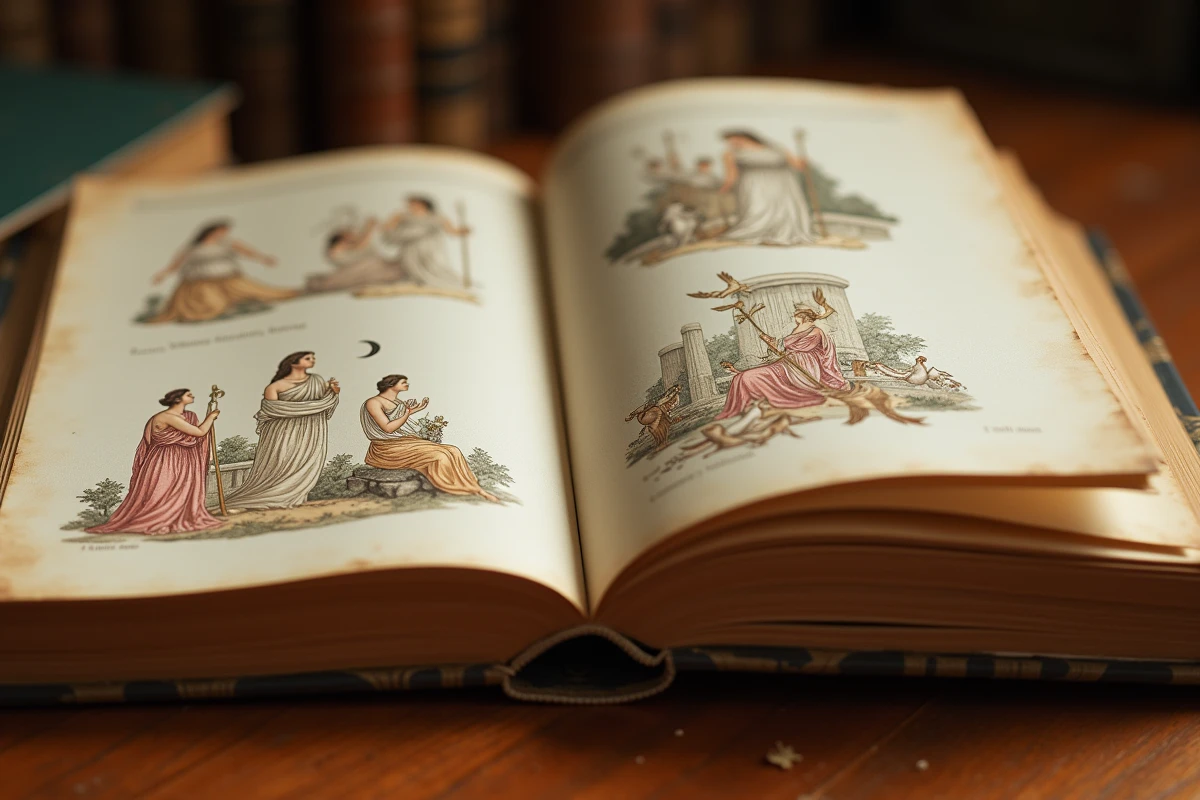 Livre d'histoire de l'art ouvert sur des illustrations de déesses grecques Athéna Artémis Aphrodite sur une table en bois
