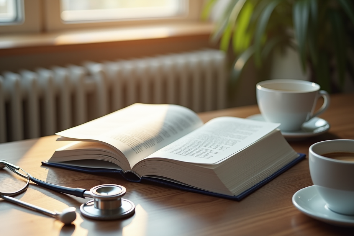 Livre de soins infirmiers ouvert avec stethoscope et cafe le matin