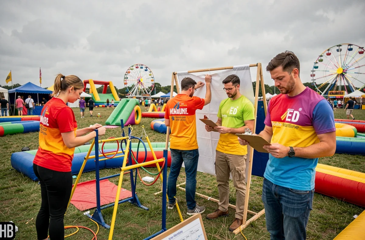 Équipe de LS Animations préparant des jeux et animations interactives lors d'un événement festif en plein air en Seine-Maritime