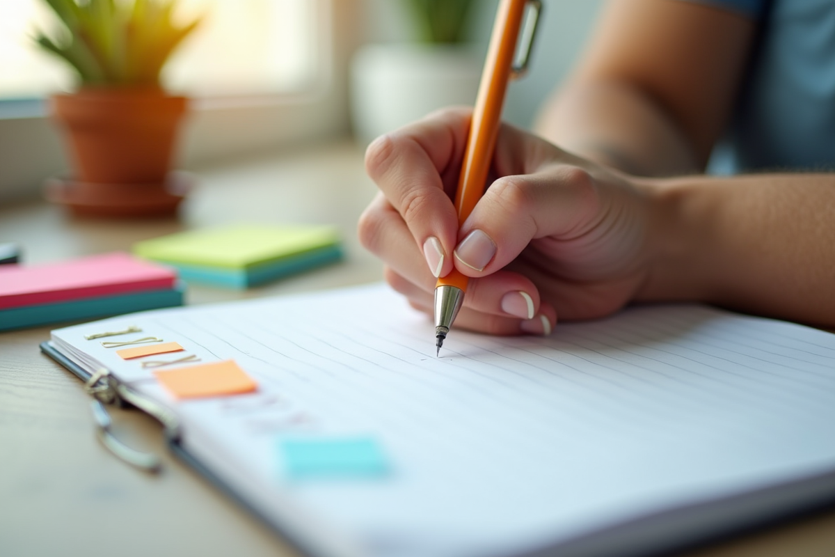 Main qui écrit des notes avec une checklist et des notes colorées