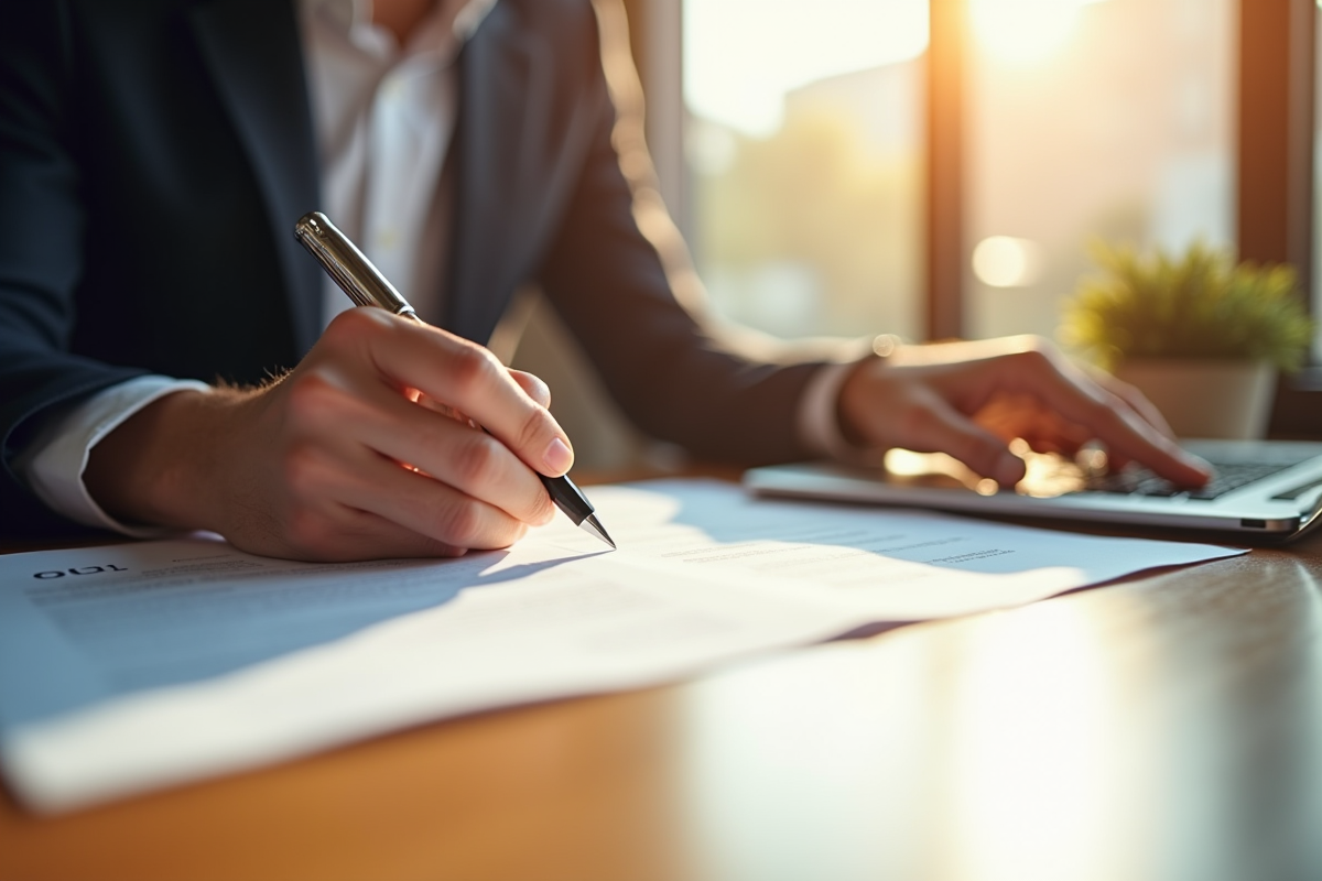Mains signant un contrat sur un bureau en bois
