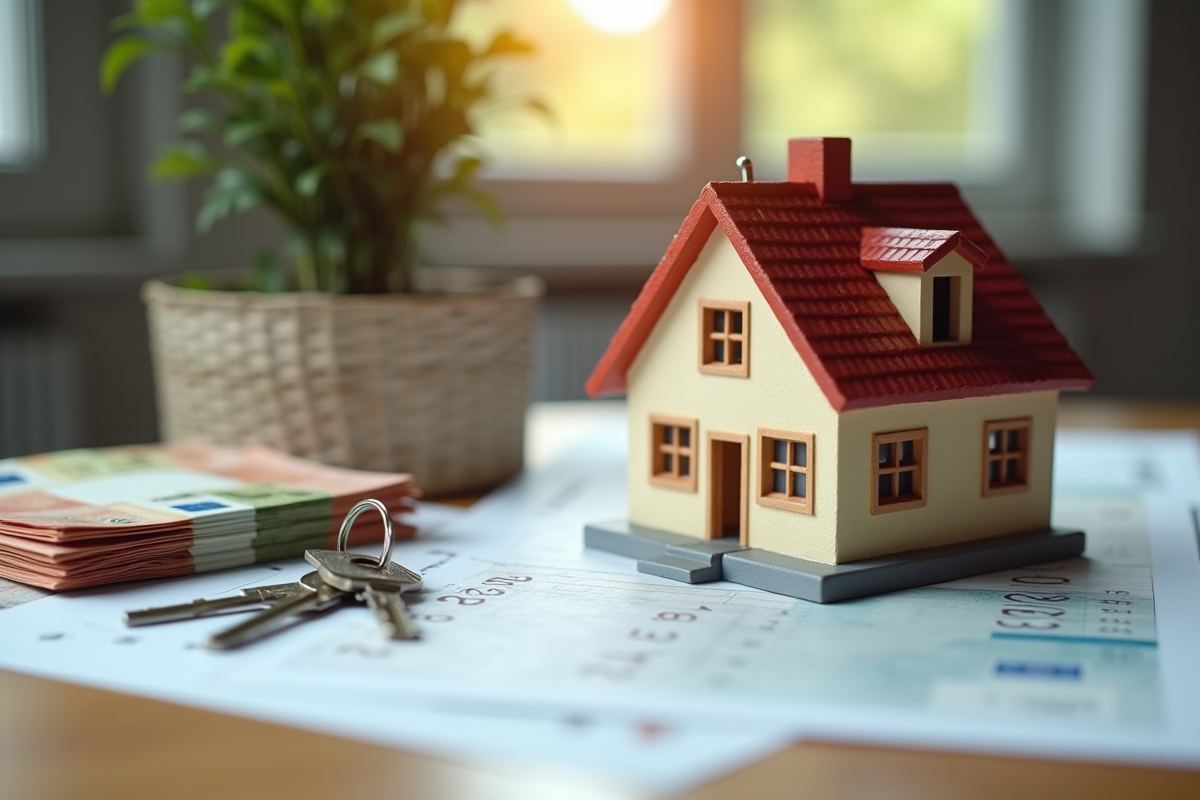 Modèle de maison avec des billets et clés sur un bureau