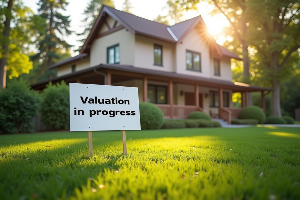 Maison en banlieue avec panneau valuation en cours dans le jardin