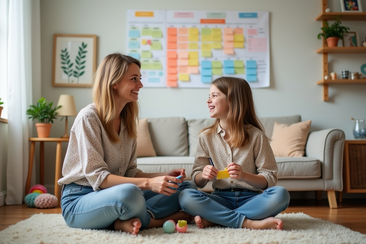 Maman et son enfant écrivant sur un planificateur familial