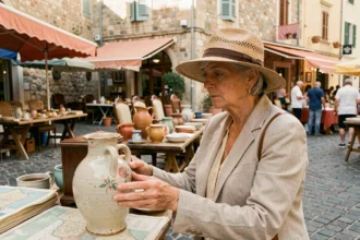 Femme examinant un vase ancien dans un marché aux puces en plein air à Nice, Côte d'Azur