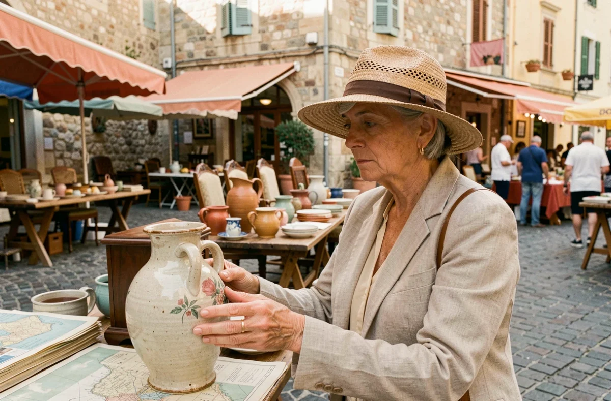 Femme examinant un vase ancien dans un marché aux puces en plein air à Nice, Côte d'Azur