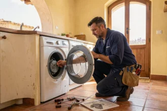 Technicien de dépannage électroménager en Provence inspectant un lave-linge dans une cuisine provençale traditionnelle