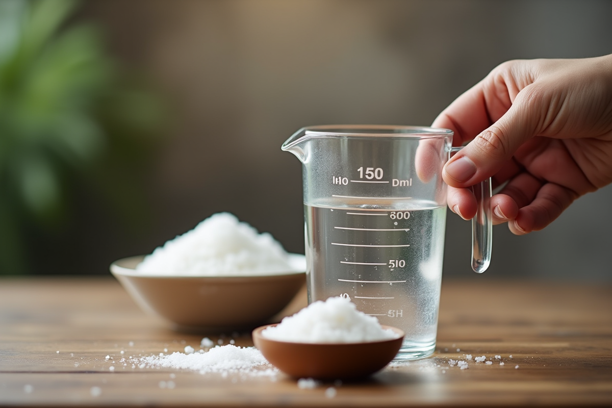 Mains tenant un verre doseur avec eau et sucre en arrière-plan