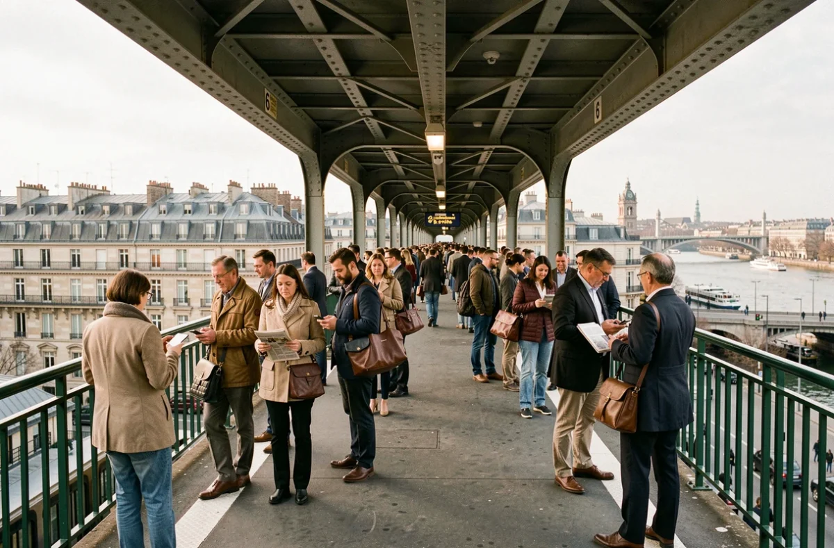 Quai bondé de la ligne 6 du métro parisien en heure de pointe un jour de semaine avec vue sur les toits haussmanniens