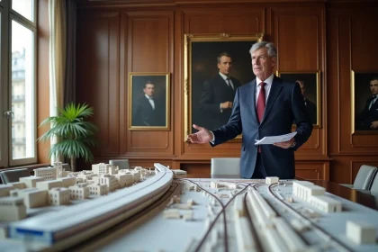 Ministre des transports présentant la feuille de route des grands projets ferroviaires 2026 devant une maquette de réseau ferré